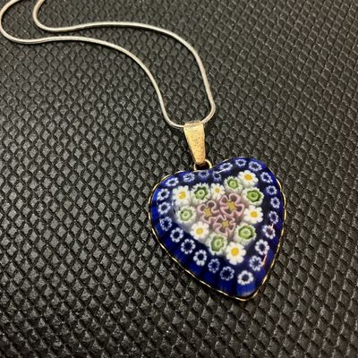 Vintage Murano Millefiori Glass Double sided Heart Pendant Necklace 925 Silver necklace