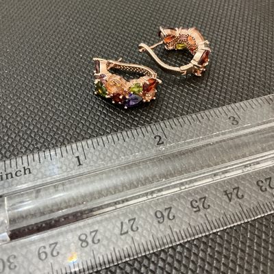 Rose Gold Tone Multicolor Rhinestone Huggie Hoop Earrings