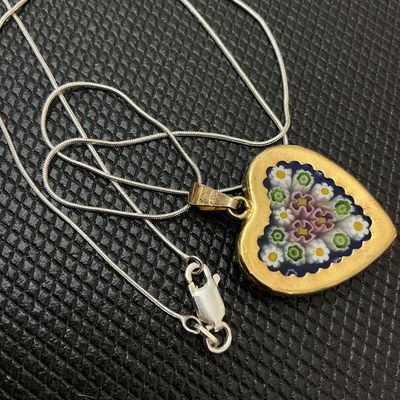 Vintage Murano Millefiori Glass Double sided Heart Pendant Necklace 925 Silver necklace