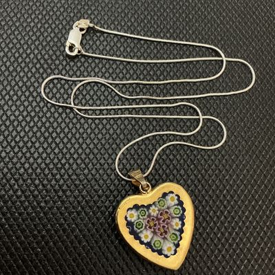Vintage Murano Millefiori Glass Double sided Heart Pendant Necklace 925 Silver necklace
