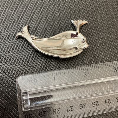 Vintage Rhinestone Whale Brooch Pin with Green Water Spout Detail