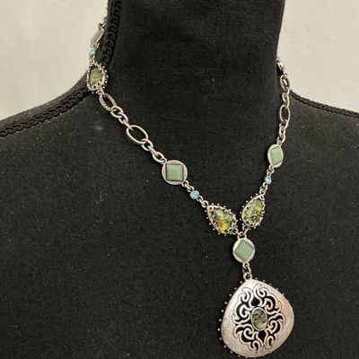 Silver-Tone Filigree & Faux Stone Pendant Necklace