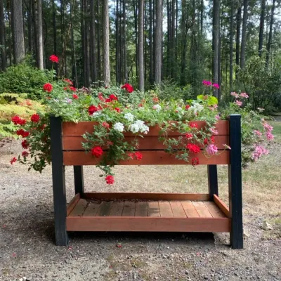 Contemporary Raised Wooden Garden Planter w/ Colorful Flowers #2