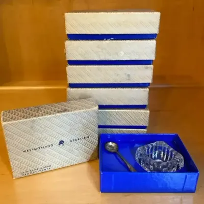 Mid-Century Westmorland Sterling Boxed Crystal Salt Cellars & Spoons