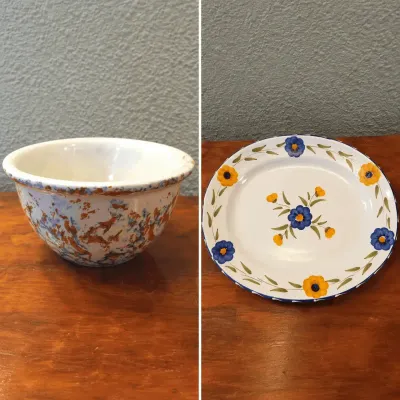 Red Wing Pottery Spongeware  Rust, Blue & Cream Stoneware Bowl & Furio Platter 