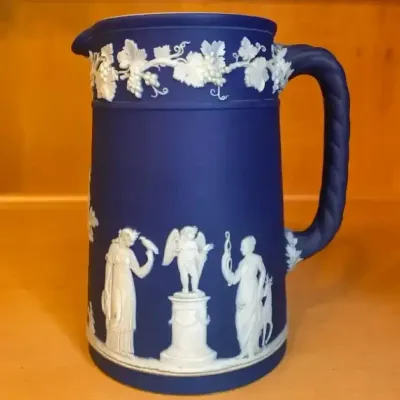 Cobalt Blue Wedgwood/Jasperware-Style Pitcher w/ Classical White Relief Figures
