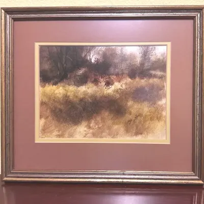 Signed Impressionistic Meadow Landscape in Metallic Frame