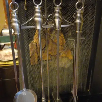 1960s–70s Modernist Fireplace Tool Set with Sculptural Spiral Handles