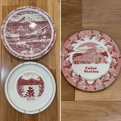 Red/Maroon Transferware Souvenir Collector Plates Vernon Kilns -Tacoma & Others 