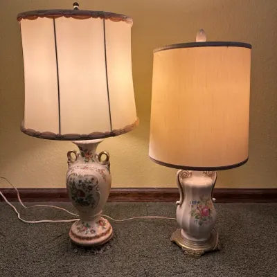 1950s–70s Vintage Floral Urn Table Lamps With Shades