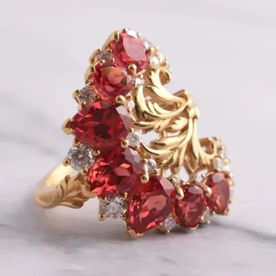 Orange Sapphire & Moissanite Ornate Sterling Silver Gold Vermeil Tree Ring