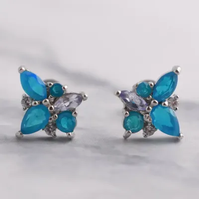 Blue Opal & Tanzanite Sterling Silver Cluster Stud Earrings
