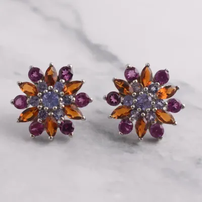 Tanzanite, Citrine & Rhodolite Garnet Sterling Silver Burst Stud Earrings