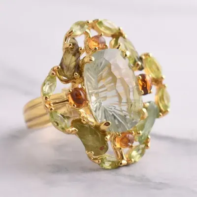 Green Amethyst, Tourmaline & Peridot Sterling Silver Gold Vermeil Statement Ring