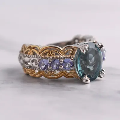 4.3ct Fluorite & Tanzanite Sterling Silver Ornate Ring