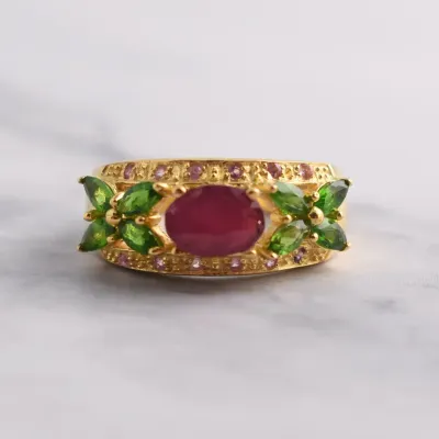 Ruby & Chrome Diopside Sterling Silver Gold Vermeil Ring