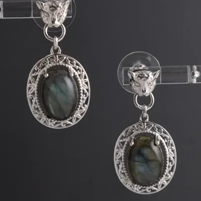 Labradorite Jaguar Ornate Dangle Earrings