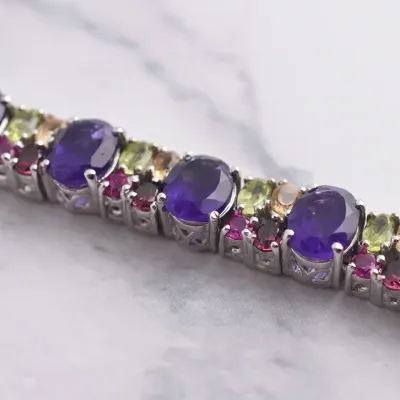 Heavy Multi-Gem Sterling Silver Tennis Bracelet