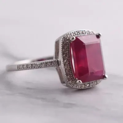 3ct Treated Ruby Sterling Silver Halo Ring