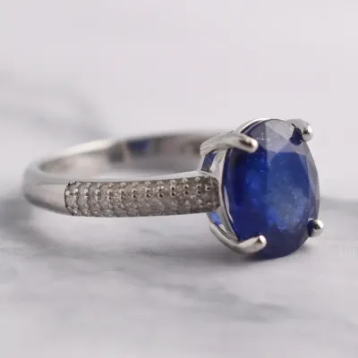 3.0ct Natural African Blue Sapphire & Natural Diamond Sterling Silver Ring