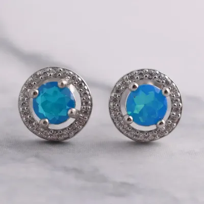 Blue Opal Sterling Silver Halo Stud Earrings