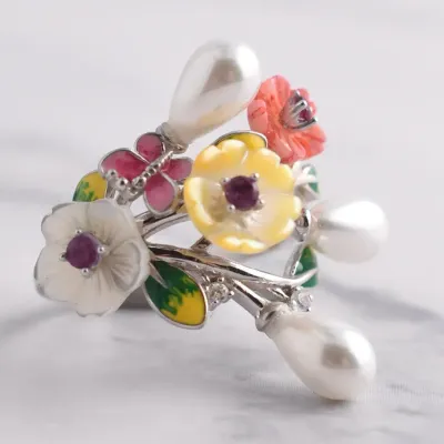 Rhodolite Garnet & Mother Of Pearl Sterling Silver Enamel Floral Ring