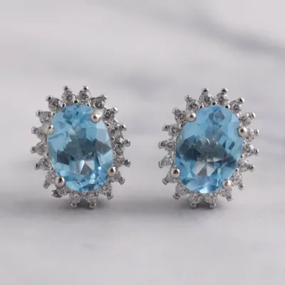 Blue Topaz Sterling Silver Halo Stud Earrings