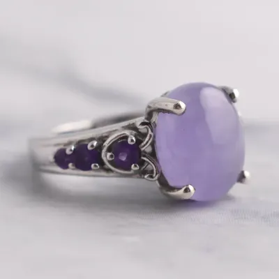 Lavender Jade Cabochon & Amethyst Sterling Silver Ring