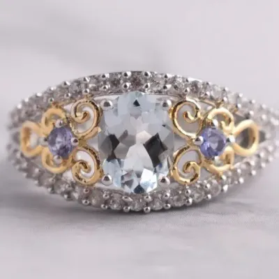 Aquamarine & Tanzanite Ornate Sterling Silver Ring