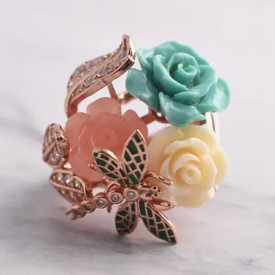Sterling Silver Rose Vermeil Enamel Floral Ring