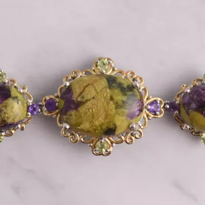 Tasmanian Stitchtite, Amethyst & Peridot Ornate Sterling Silver Bracelet