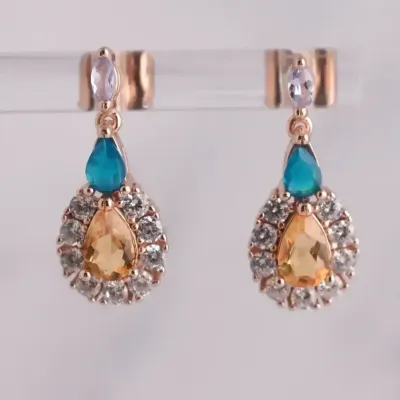 Citrine, Blue Opal & Tanzanite Sterling Silver Rose Vermeil Dangle Earrings