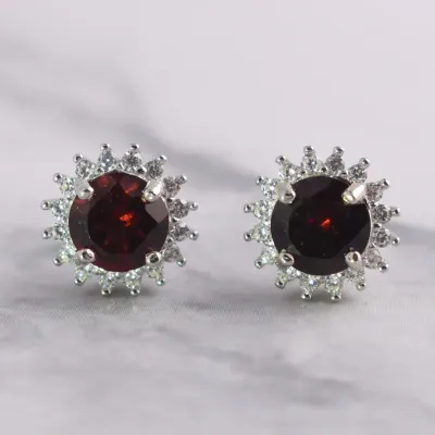 Garnet Sterling Silver Halo Stud Earrings