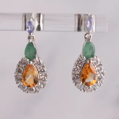 Citrine, Emerald & Tanzanite Sterling Silver Dangle Earrings