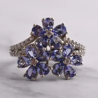 Tanzanite & White Topaz Sterling Silver Floral Ring