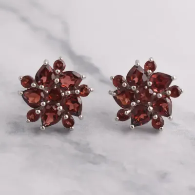 Garnet Sterling Silver Cluster Stud Earrings
