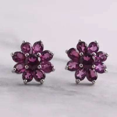 Rhodolite Garnet Sterling Silver Cluster Stud Earrings