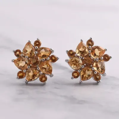 Citrine Sterling Silver Cluster Stud Earrings