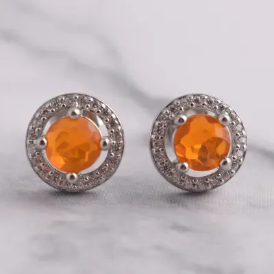 Orange Opal Sterling Silver Halo Stud Earrings