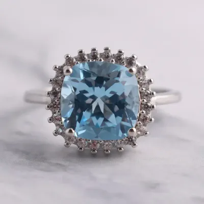 5.3ct Blue Topaz Sterling Silver Halo Ring