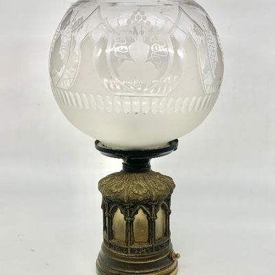 Antique newel post kerosene lamp ( elec.)  Embossed on bottom of glass font. J. F. Iden, a lamp manufacturer in NYC.
