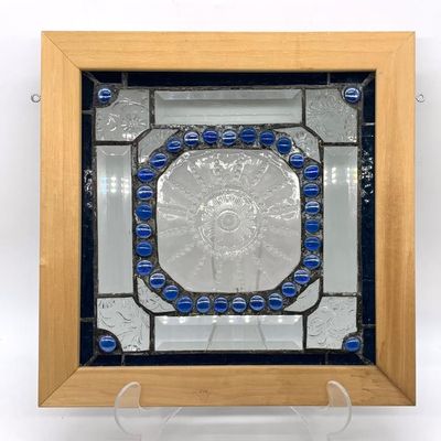 Framed leaded glass panel made from a dish, 14 5/8 x 14 / 5/8 in.