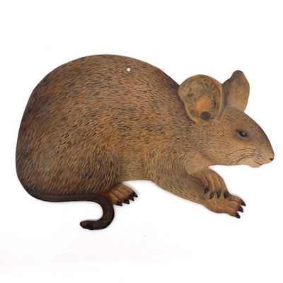 Hand-painted mouse on flat metal,signed M. Shummer, 9 in. long