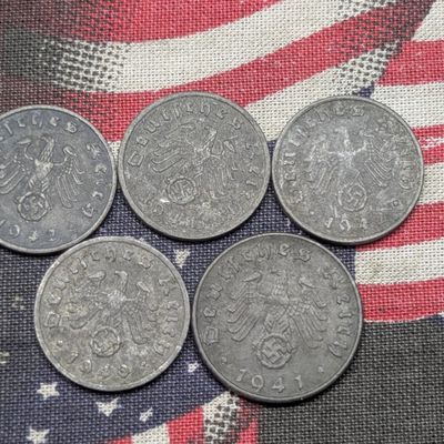 Sale Photo Thumbnail #210: (5) 1940s German Coins with WWII Historical Markings