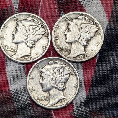 Sale Photo Thumbnail #220: 1941, 1942, & 1943-S Mercury Dimes, 90% Silver, 86 Years old, WWII Era