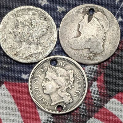 Sale Photo Thumbnail #354: 1827 Capped Bust Silver Dime, 1924? Mercury 90% Silver Dime, & No Date Three Cent Nickel