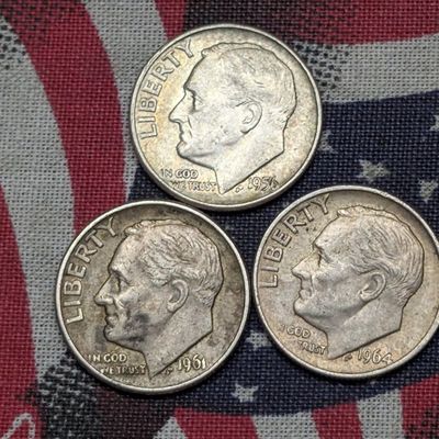 Sale Photo Thumbnail #202: 1956, 1961-D, 1964 Roosevelt Dimes, 90% Silver