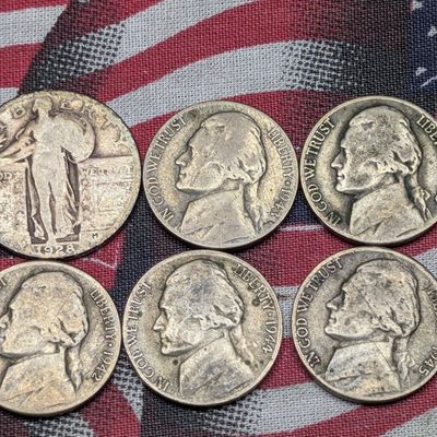 Sale Photo Thumbnail #363: 1928 Standing Liberty 90% Silver Quarter & (5) 1942-45 Jefferson 35% Silver War Nickels