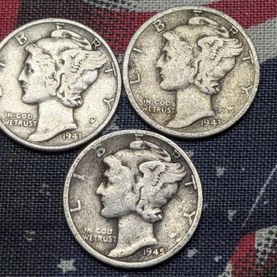 Sale Photo Thumbnail #339: 1941, 1943-D, & 1945 Mercury 90% Silver Dimes