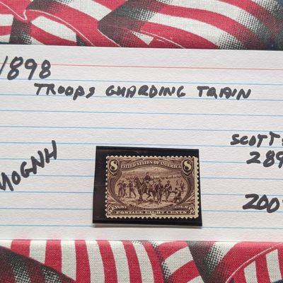 Sale Photo Thumbnail #408: 1898 Troops Guarding Train Eight Cent Stamp, Scott # 289, Mint, Original Gum, Never Hinged